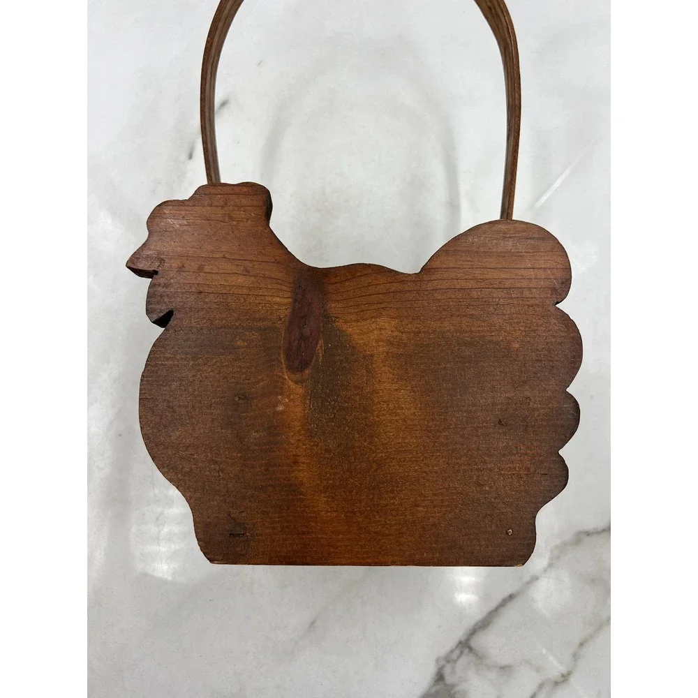 VTG Wooden Chicken Basket Hen Shaped Farmhouse Decorative Caddy Brown Rustic